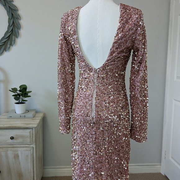 Open Back Pink Sequined Bodycon Long Sleeve Mini Dress - M - Picture 3 of 4